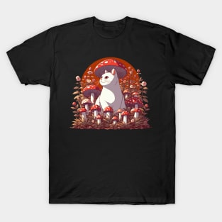 Funny Vintage White Cat in Mushroom Garden T-Shirt